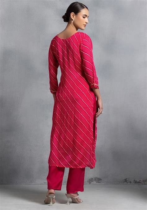 Buy Women Pink Leheriya Print Sequin Embellished Kurta Set With Pants