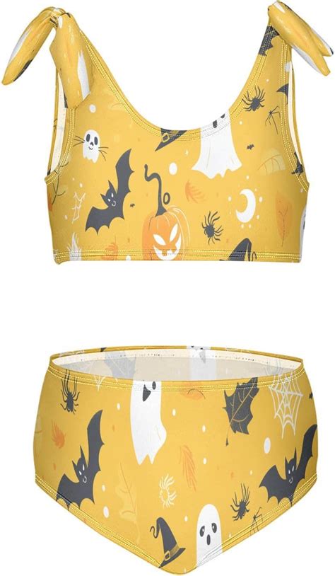 Amazon Girls Swimsuits Set 2pcs Halloween Pumpkin Bathing Bikini Suits Tie Tankini 服裝鞋子和珠寶