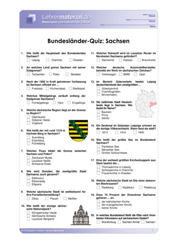 Arbeitsblatt Bundesländer Quiz Sachsen Lehrermaterial de