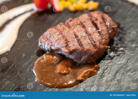 Delicious Medium Rare Wagyu Beef Steak With Gravy Sauce Stock Image