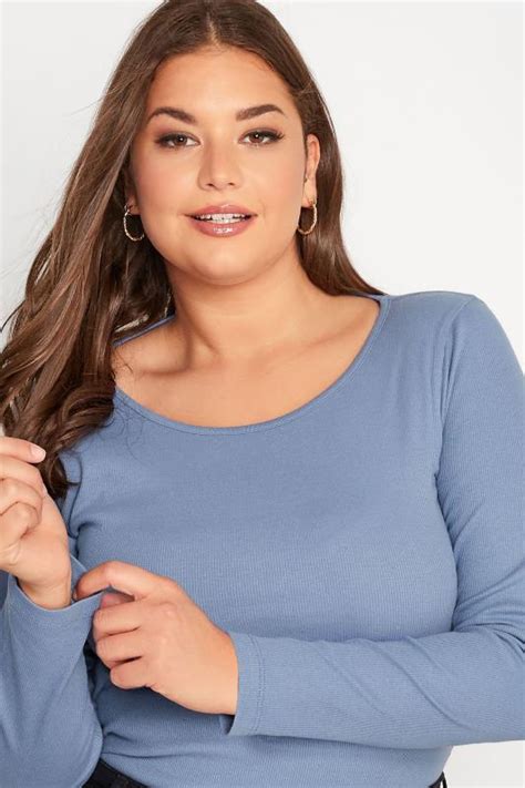 Plus Size Blue Long Sleeve Ribbed Bodysuit Yours Clothing