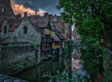 Edificios Casa Bélgica Ladrillo Bruselas Canal Flor Fondo de