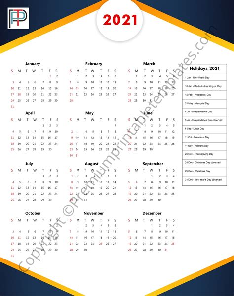 2021 Yearly Calendar With Holidays In Pdf And Word Calendar 2021