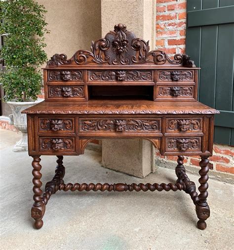 Antique French Carved Oak Desk Barley Twist Lion Black Forest Style