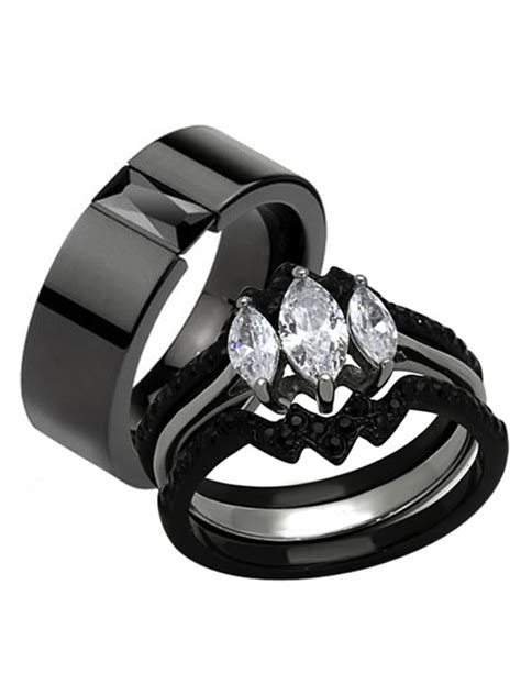 His Hers 4pc Black Ion Plated Stainless Steel Wedding Engagement Ring