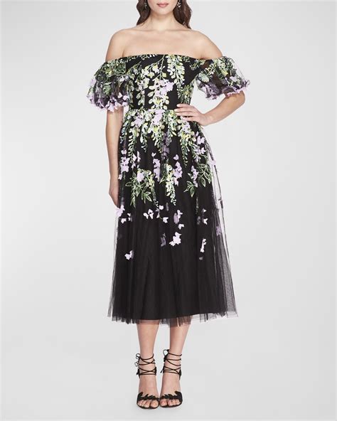 Marchesa Notte Cap Sleeve Embroidered Tulle Midi Dress Neiman Marcus