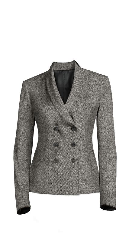 Light Grey 6B Double Breasted Rustic Tweed Woman Suit With Short Jacket