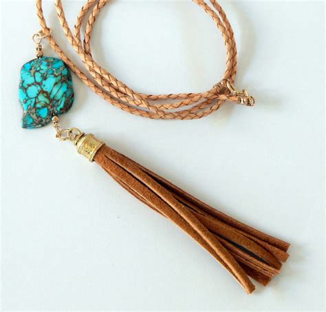 Suede Tassel Bohemian Necklace Turquoise Impression Jasper And Etsy