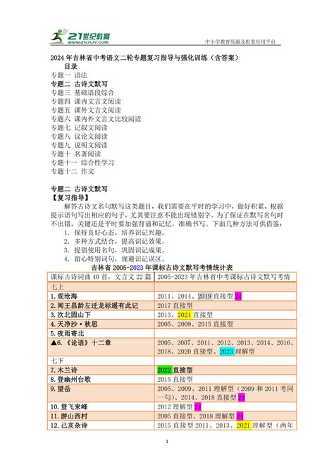 【备考2024】中考语文二轮 专题二古诗文默写复习指导与强化训练 学案（吉林专版） 21世纪教育网