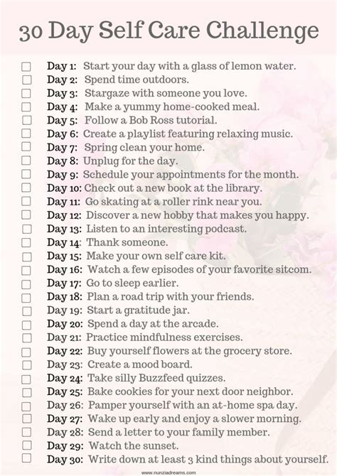 30 Days Of Self Care Challenge Checklist Artofit