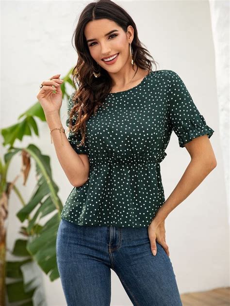 Polka Dot Flounce Sleeve Peplum Blouse Shein Usa Empire Waist Tops