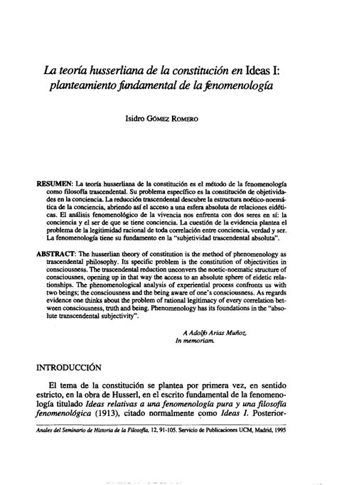 Pdf La Teor A Husserliana De La Constituci N En Ideas Planteamiento