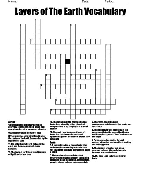 Layers Of The Earth Vocabulary Crossword Wordmint