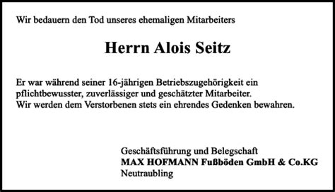 Traueranzeigen Von Alois Seitz Mittelbayerische Trauer