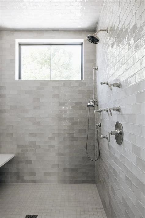 Large Walk In Shower With Gray Glazed Subway Tiles Transitional