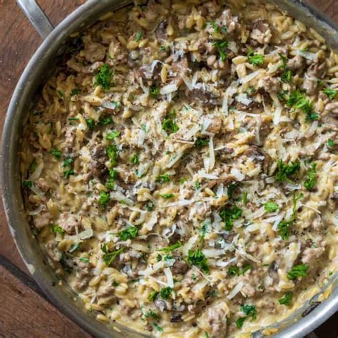 One Pan Creamy Ground Turkey And Mushroom Orzo