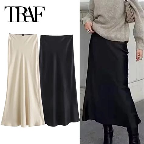 TRAF Black Satin Skirt Woman Bow Elegant Long Skirts For Women 2024