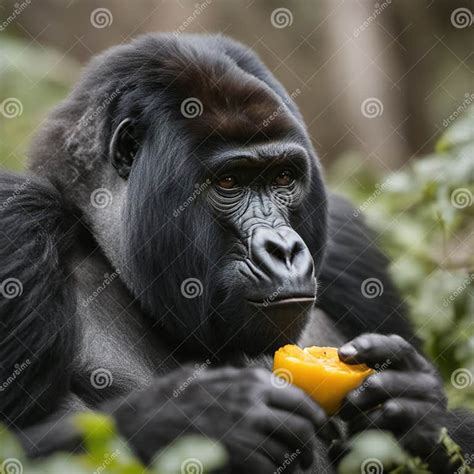 Cinematic Portrait of Endangered Mountain Gorilla Eating Fruit Stock ...