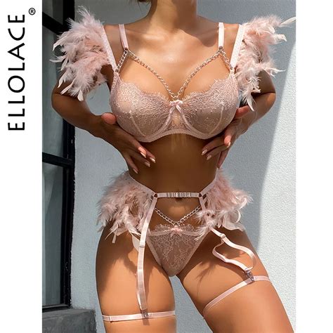 Ellolace Feather Sensual Lingerie Sexy Transparent Lace Bra With Chain