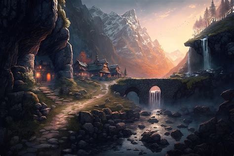 Premium Photo Fantasy Dwarven Village In The Mountains Next To A