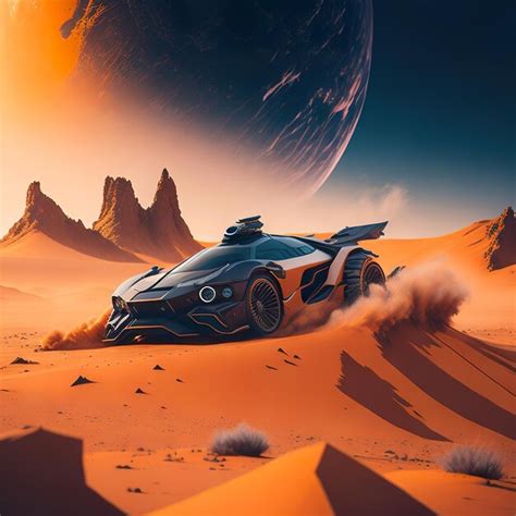 Premium Photo A Futuristic Car In The Desert With A Planet In The