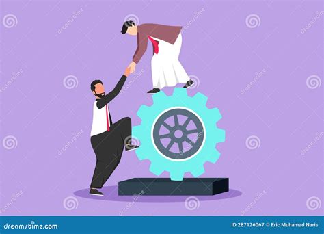 Cartoon Flat Style Drawing Two Arab Businessmen Helping Each Other On Top Of Cog Teamwork