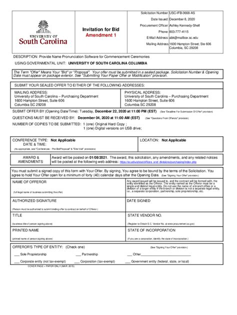 Fillable Online Invitation For Bid Amendment University Of South