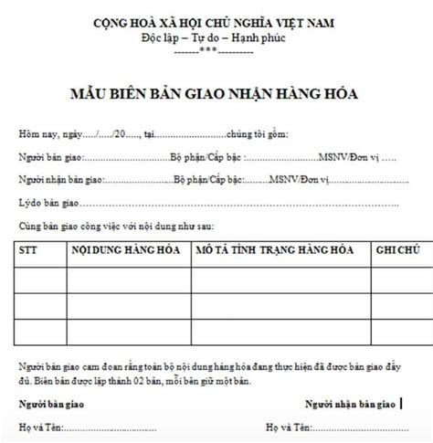 Mẫu Biên Bản Giao Nhận Hàng Hóa Mới Nhất