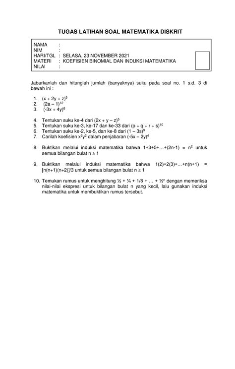 Tugas Koefisien Binomial Induksi Matematika TUGAS LATIHAN SOAL