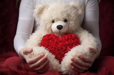 Premium Photo White Teddy Bear With Red Heart In Hands