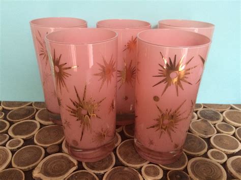 Pink And Gold Atomic Starburst Drinks Or Cocktail Glasses Atomic Midcentury Modern Vintage Barware