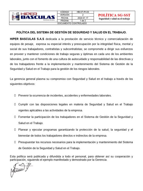 Hb St Pi 03 Politica Sg Sst Seguridad Y Salud En El Trabajo Descargar Gratis Pdf Business