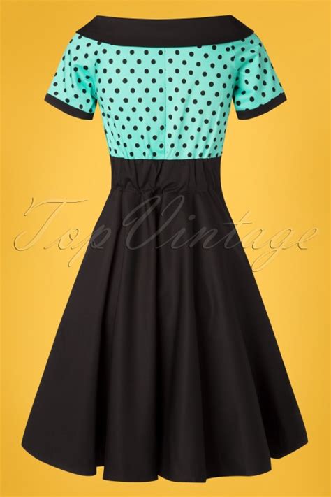 50s Darlene Polkadot Swing Dress In Black And Turquoise