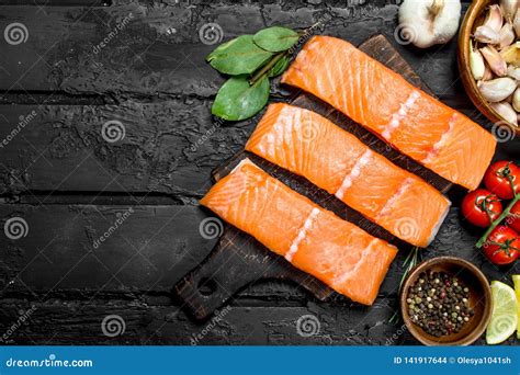 Raw Salmon Fish Filet With Spices And Herbs Stock Photo Image Of