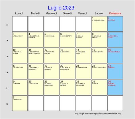 Calendario Luglio 2023 Con Festività E Fasi Lunari