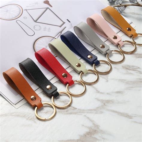 8 Colors Fashion Pu Leather Keychain Business T Leather Key Etsy