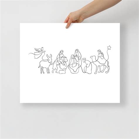 Christmas Nativity Poster Manger Scene Wall Art Baby Jesus Line Art ...