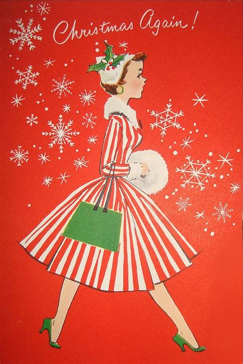 Vintage Christmas Cards Paint The Gown Red Vintage Christmas