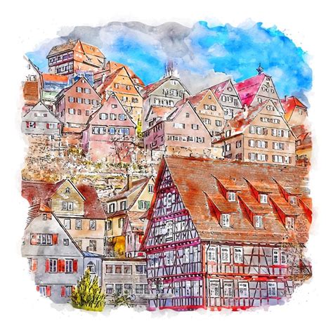 Altensteig Germany Watercolor Sketch Hand Drawn Illustration