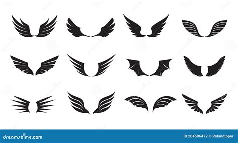 Set Of Black Angel Wings Vector Illustration And Outline Icons Stock