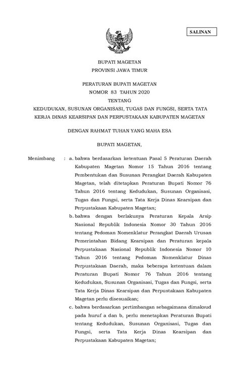 Peraturan Bupati Magetan No Tahun Tentang Kedudukan Susunan