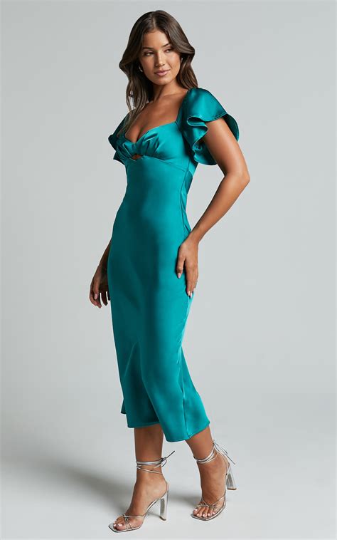 Emberlynn Midi Dress Flutter Sleeve Cut Out Satin Dress In Teal