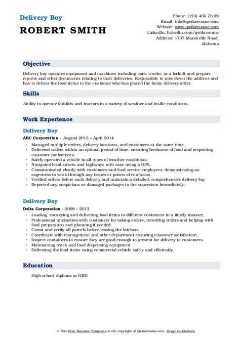 Delivery Boy Resume Samples Qwikresume