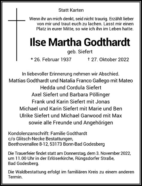 Traueranzeigen Von Ilse Martha Godthardt Ga Trauer De