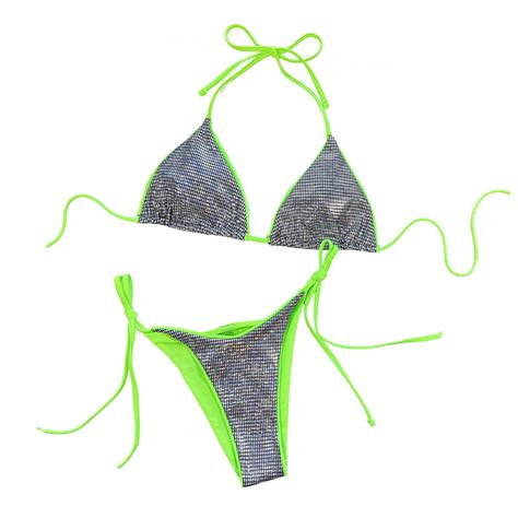 Swimsuits For Women Halter Neck Strappy Triangle Separates Bikini Shiny Silver Bathing Suit For