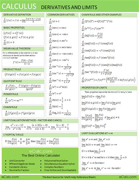 Printable Calculus Cheat Sheet Calculus Cheat Sheet Derivatives Porn