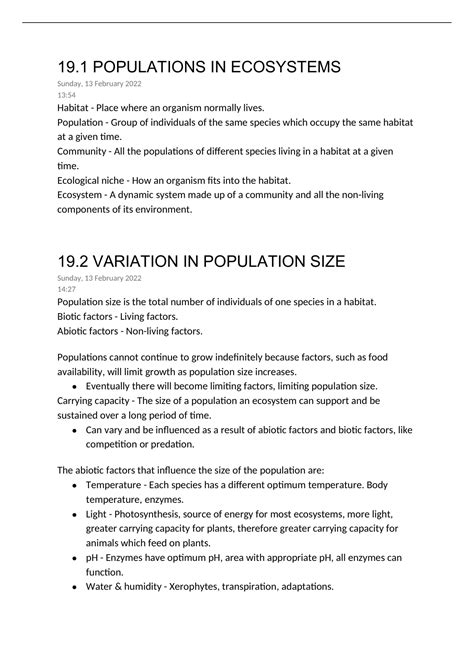 Summary Aqa A Level Biology Chapter 19 Populations In Ecosystems Notes