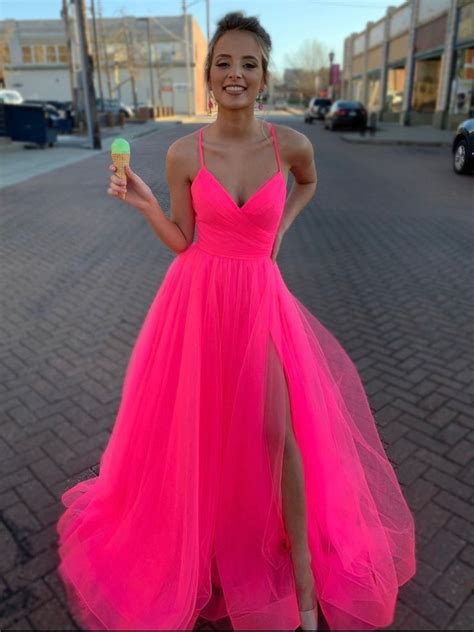 Simple A Line V Neck Coral Tulle Long Prom Dresses With High Split V