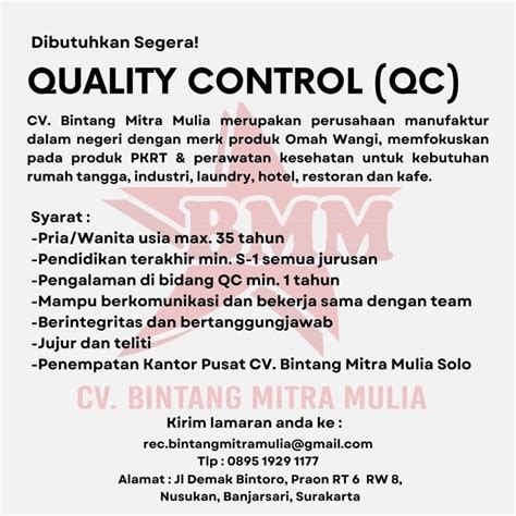 Lowongan Kerja Quality Control Qc Di Cv Bintang Mitra Mulia Surakarta