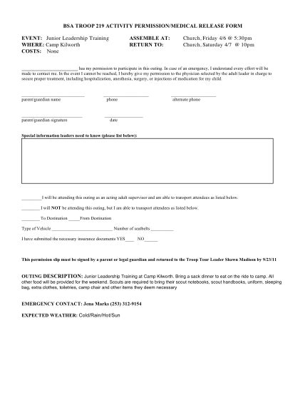 Printable Bsa Activity Consent Form Printable Forms Free Online